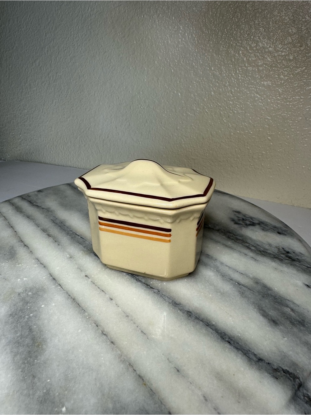 Vintage Cream Ceramic Lidded Sugar Bowl with Brown and Orange Stripe